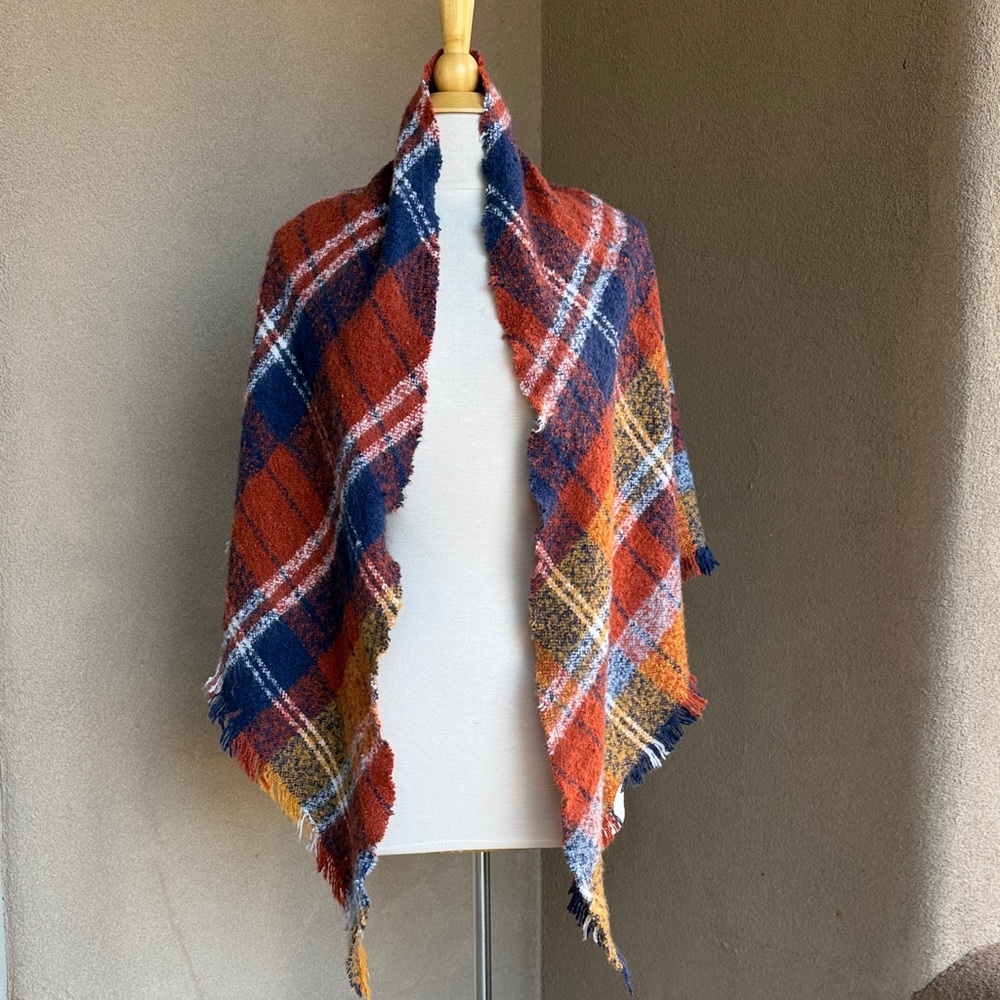 Plaid Fringe Shawl/Blanket scarf in earth tone rust, navy and gold
